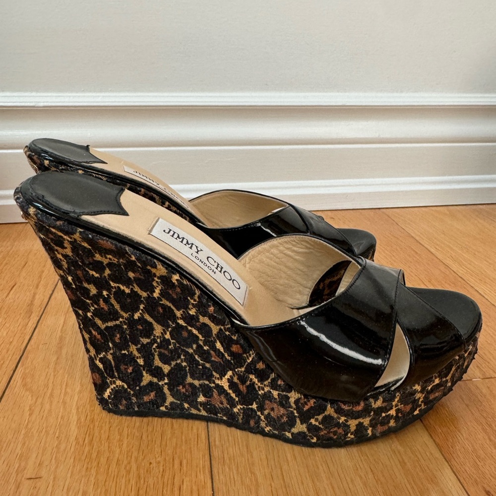 JIMMY CHOO black patent and leopard wedges